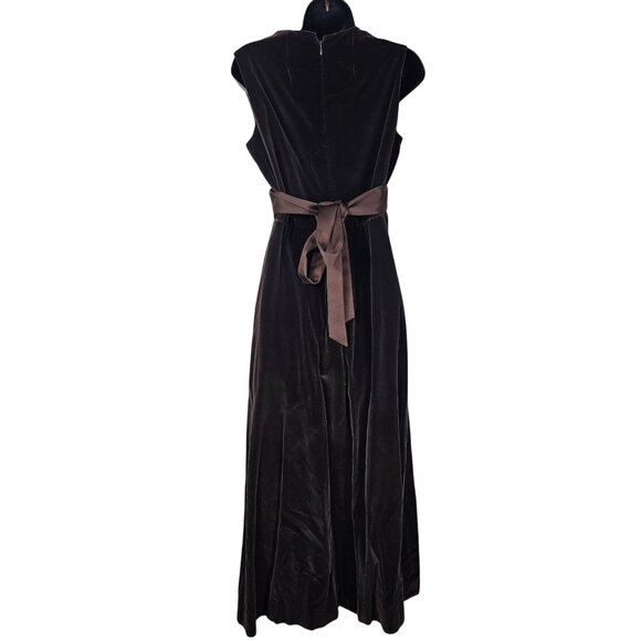 Vintage Brown Velvet Babydoll Maxi Dress 8 Plunge Neckline Sash Tie Hand Sewn - Picture 4 of 9